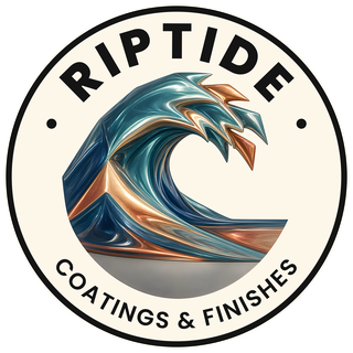 Riptide Coatings and Finishes logo: a teal, blue and copper wave over a concrete slab